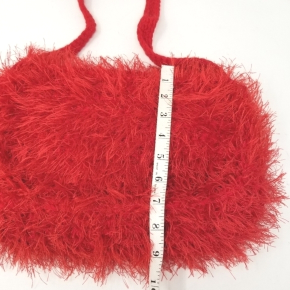 Eyelash Purse Red Crossbody Bag Crochet Flap Closure Flower Button Floral Print - Picture 5 of 9